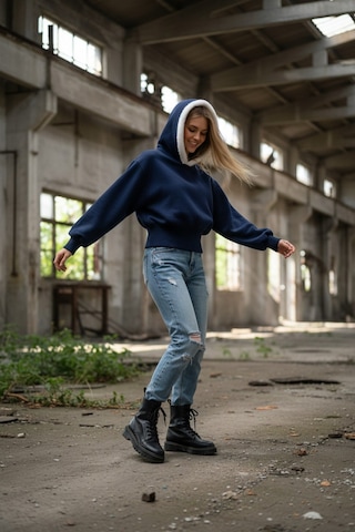 Kapşonlu Peluş Detaylı Sweatshirt Mavi