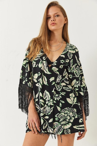 Shade Kadın Püskül Detaylı Bağlamalı Desenli Kısa Viskon Kimono 60261497 - Siyah