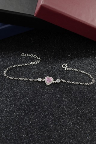 Pembe Kalp Tasarımlı 925 Ayar Gümüş Kadın Ayarlanabilir Bileklik - Gümüş