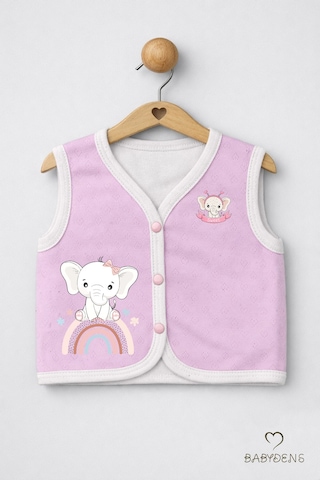 Babyden's Kız Bebek Yelek Jakarlı Kalp Desenli Pamuklu Çıtçıtlı Fil Baskılı Bebek Yeleği Mevsimlik,yumuşak Pembe