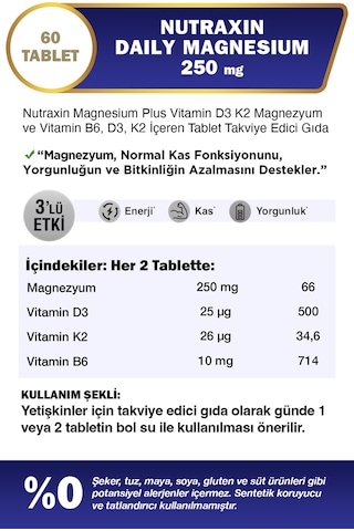 Nutraxin Magnezyum Daily Energy 250 Mg 60 Tablet - Magnesium, D3, K2, B6