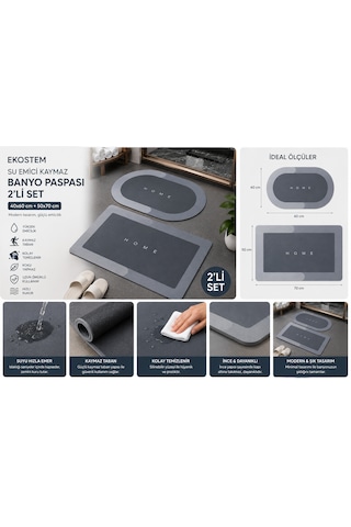 Ekostem 2'li Su Emici Kaymaz Banyo Paspası Seti 40x60 + 50x70 Cm Yıkanabilir Gri