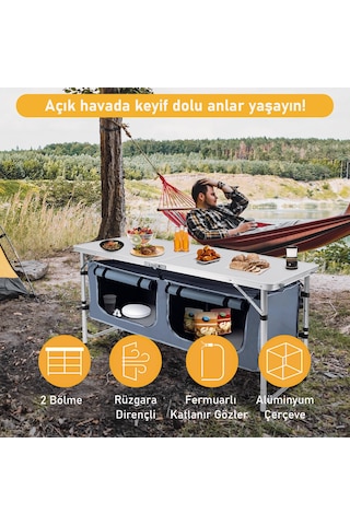 Haegs Saklama Dolaplı Kamp Masası, Outdoor Kamp Mutfağı, Kamp Dolabı, Katlanabilir Kamp Piknik Masası, Seyahat Mutfağı, Mutfak Dolabı, Depolama Bölmeli, Dış Mekan Mutfağı 120-60cm- Antrasit