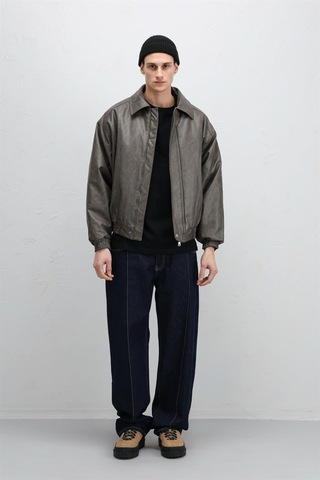 Vamos Oversize Deri Bomber Ceket Vizon