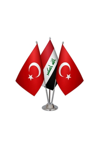 Masa Üstü Irak Bayrağı Türk Bayrağı Üçlü Krom Direk Masa Bayrak S