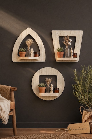 Ahşap Dekoratif Duvar Rafı 2 Li / 3 Lü Set Mtsv - 641 Mermer Desenli