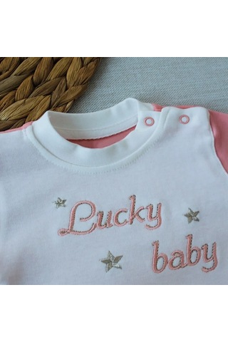 Candar Lucky Baby Nakışlı Çizgili Şapkalı Kız Bebek Tulumu 0-3 / 3-6 Ay Pudra