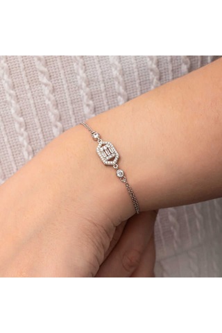 Gümüş Altıgen Baget Taşlı Kadın Bileklik Gümüş