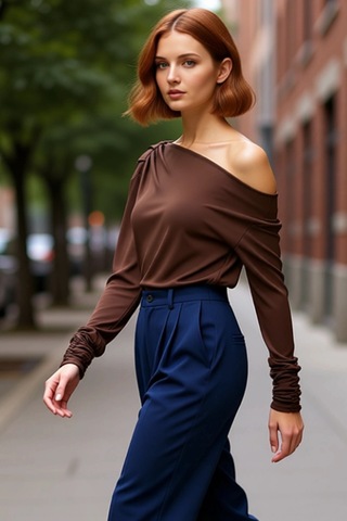 Ersefa Moda Asimetrik Yaka Örme Regular Düz Desen Resmi Regular Uzun Kol Kahverengi