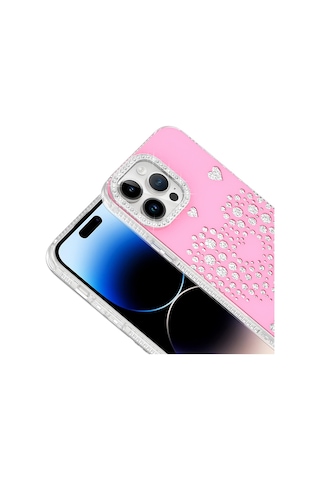 Maks Technology Apple iPhone Uyumlu 14 Pro Max Kılıf Damla Taşlı Mkst Rivas Sert Pc Kapak - Pembe