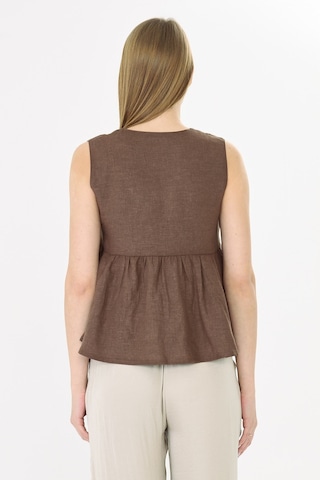 Sortie Collection V Yaka Tek Düğmeli Peplum Kahverengi Keten Bluz