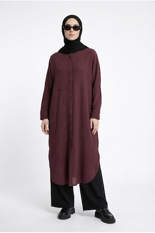 Armine Trend Doğal Kumaş Gizli Düğmeli Hakim Yaka Rahat Kesim 120 Cm Boy Tunik Vişne 26yt416