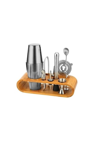 10 Parça Ahşap Standlı Boston Shaker Kokteyl Seti, Metal Malzeme İle Modern Tasarım 750 Ml