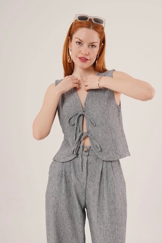Defymoda Ön Bağlama Detaylı Yelek Ve Pantolon Antrasit İkili Takım Siyah