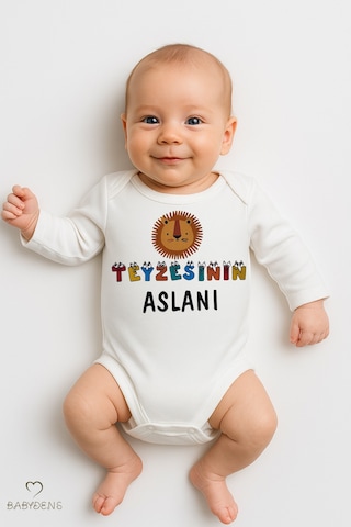 Babyden's Teyzesinin Aslanı Yazılı Bebek Zıbını %100 Pamuk Unisex Uzun Kollu Body Beyaz