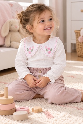 Babyhola 1-3 Yaş Kız Bebek Çocuk Çıtçıtlı Badi Pantolon Şık Alt Üst 2'li Takım Bayramlık 2327 Beyaz