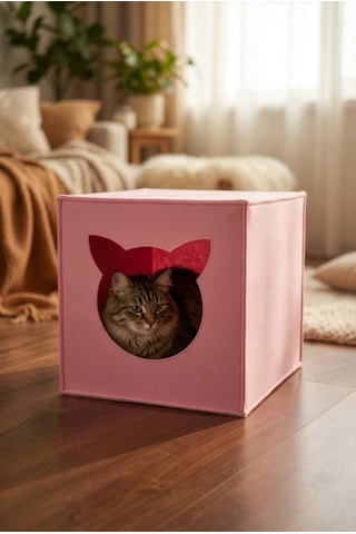 Pembe Keçe Kedi Yuvası Dekoratif Mama Kabı Altlığı Hediyeli Organizer Düzenleyici Katlanabilir