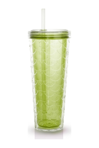 Sparkle Pipetli Renkli Bardak 750 Ml Kapaklı Sunum Bardağı ,meşrubat Bardağı Yeşil