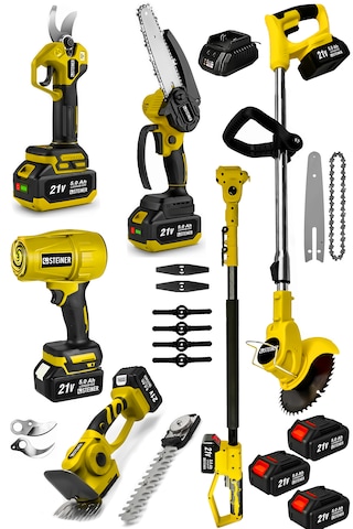 Steiner Şarjlı Hava Üfleme + Çim Biçme + Dal Budama Makas + Testere + Çit Budama + Teleskop Bahçe Seti S6001