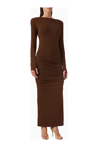 Rowen Rose Draped Slit Maxi Dress, Lüks Drapeli Ve Yırtmaçlı Uzun Elbise Abiye Kahverengi 38