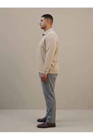 Maccali Erkek Bej Büyük Beden Polo Yaka Battal Sweatshirt