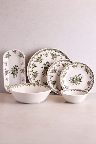 Antik Yeşil 27 Parça 6 Kişilik Seramik Yemek Takımı Vintage Çiçek Desenli Yuvarlak Servis Seti Yesıl Yeşil