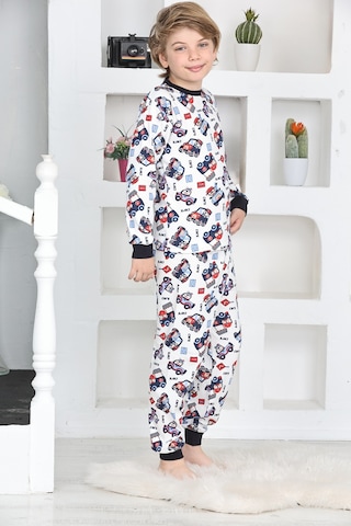 Modanino Erkek Çocuk Klasik Araba Baskılı Pijama Takımı 4-7 Yaş 12292 Beyaz