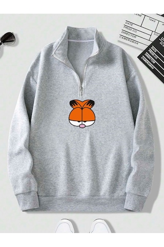 Harmandar Gri Erkek Garfield Baskılı Dik Yaka Yarım Fermuarlı Kazak Sweatshirt Grigarfielddikyaka