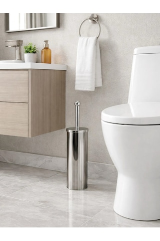Paslanmaz Çelik Silindir Tuvalet Fırçası Kapalı Hazneli, Modern Wc Fırçası Seti Vıchy-7046 Gümüş