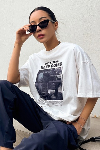Unisex Keepgoing Baskılı Tasarım Tshirt Beyaz