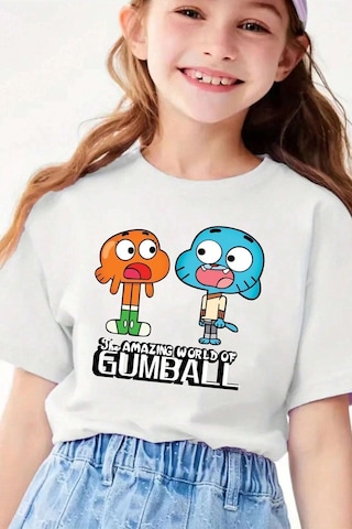 Uyguntarz Çocuk Gumball Baskılı Pamuklu Tshirt Beyaz