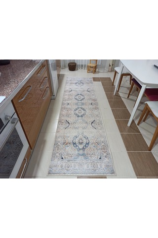 Eskitme Madalyon Desenli Krem Ve Mavi Vintage Salon Halısı - 11643ou Krem - Mavi