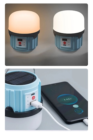 Solar Işıldak Şarjlı Kamp Feneri Usb + Çift Renk Yanma Askılı Solar Kamp Lambası 30w Beyaz - Mavi