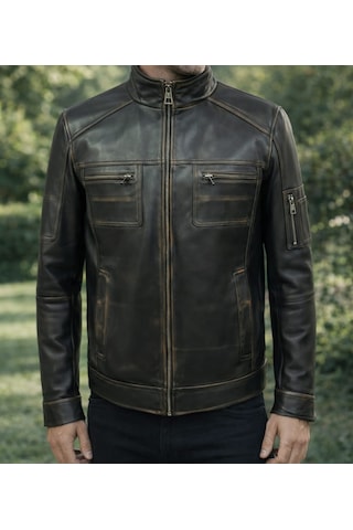 Viamod Leather Erkek Siyah Hakim Yaka Deri Mont %100 Saf Deri Eskitme Görünümlü Fermuarlı Kışlık Ceket Petro Eskitme Siyah