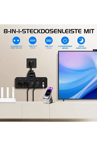 Termal Akım Korumalı 4 Lü Duvar Tipi Priz 2x Usb 2x Type-c Çıkışlı Grup Priz Çoğaltıcı Siyah 2500w