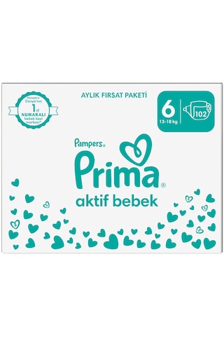 Prima Aktif Bebek 6 Beden Ekstra Large Bebek Bezi Aylık Fırsat Paketi 102 Adet