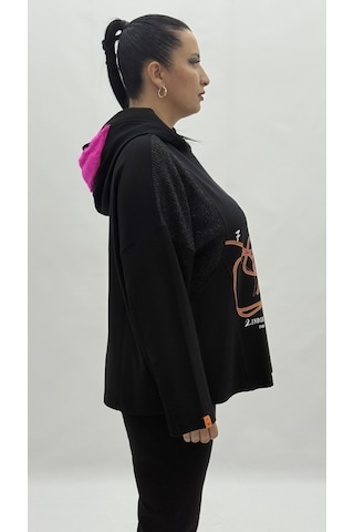 Büyük Beden Kapüşonlu Taşlı Uzun Kol Oversize Kadın Sweatshirt Siyah