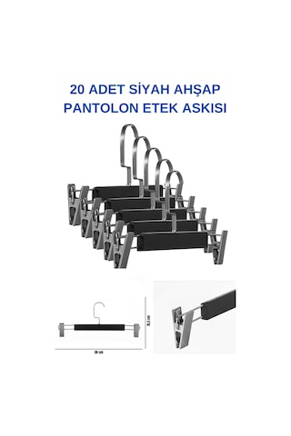 A Kalite 20 Adet Lamine Siyah Ahşap Mandallı Pantolon Askısı Etek Siyah