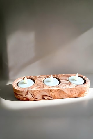 Kahverengi Mermer Desenli 3 Gözlü Beton Mumluk Minimalist Tealight Ve Dekoratif Şamdan Kahverengi