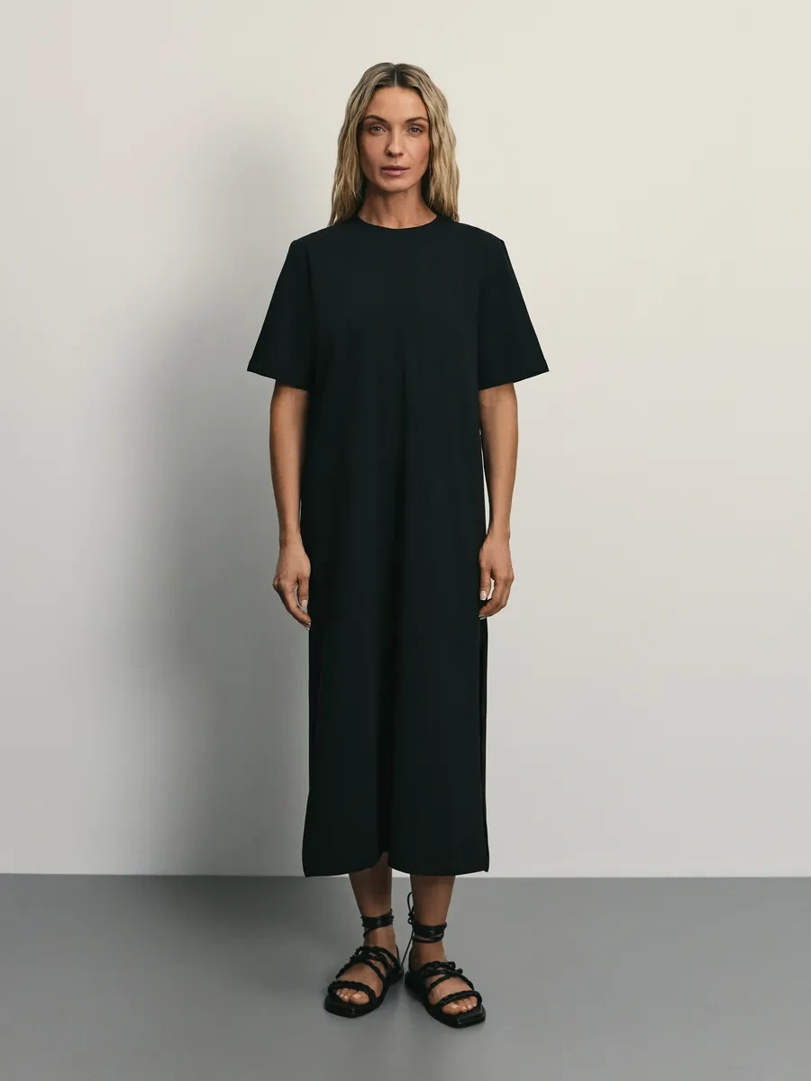 Zarına Bol Kesimli, Yırtmaçlı Tişört Elbise 366553700 Siyah