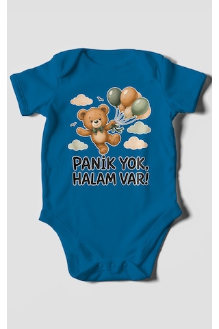 Morivokids Panik Yok, Halam Var Kısa Kollu Bebek Body %100 Pamuk Koyu Mavi