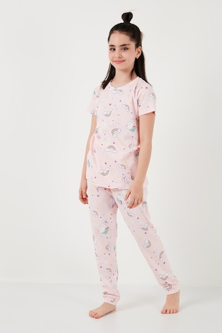 Lela % 100 Pamuk Bisiklet Yaka Kısa Kollu Kız Çocuk Pijama Takımı 6651002 Pembe-Beyaz