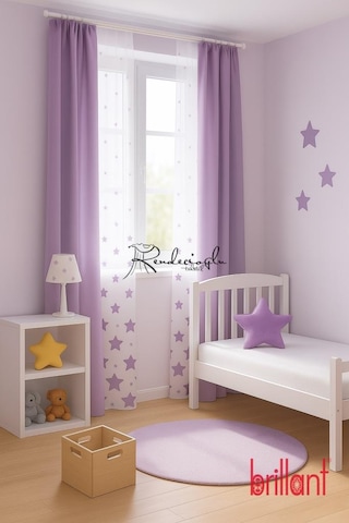 Brillant Marka Yıldız Desenli Tül Perde Örme Kumaş, Çocuk Odası İçin Özel Tasarım Mor Mor