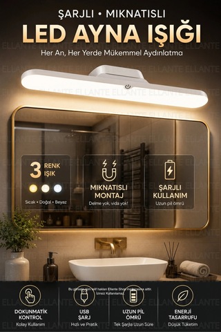 Şarjlı Mıknatıslı Led Ayna Işığı 30 Cm 3 Renk Işık Modu, Dokunmatik Kontrol, Usb Type-c Şarjlı Ban