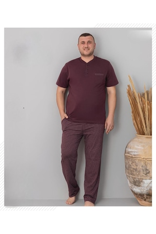 Pijamoni Erkek Battal Düğme Yaka Penye Kısa Kol Pijama Takımı 6730/2 - 1 Adet Vişne Çürüğü