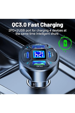 Zuidid Zd66w Dijital Ekranlı 2 Usb + 2 Type C Hızlı Araç Şarjı