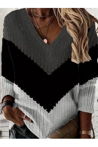 Kadın Uzun Kollu V Yakalı Triko Bluz Antrasit Melanj