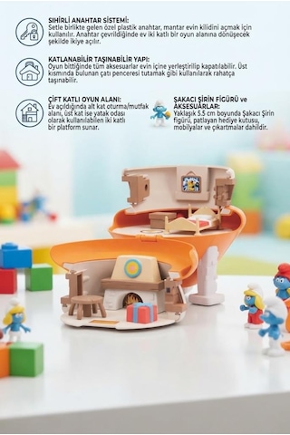 Gioc-hi Prezio-si Şirirnler Şakacı'nın Mantar Evi Anahtarlı Taşınabilir İki Katlı 19 Cm Oyuncak Set Şirinler