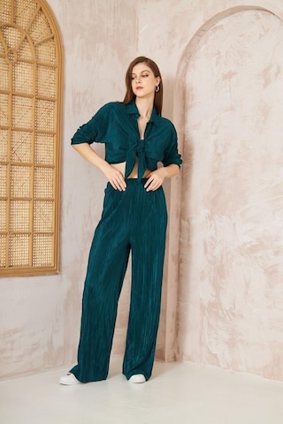 Kadın Pliseli Beli Lastikli Pantolon Tunik Gömlek Ikili Bürümcük Salaş Takım 3573300 Petrol