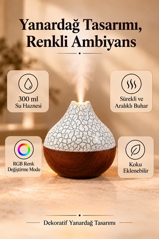 Hava Nemlendirici Buhar Makinası Led Işık Volkanik Alev Bambu Şık Tasarım